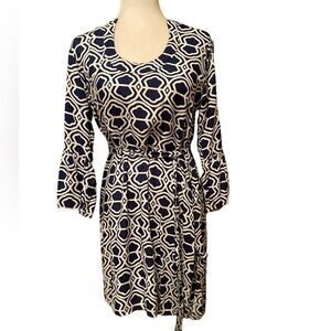 Escapada Bell Sleeve Navy & White Midi Dress Size Large Tie Waist